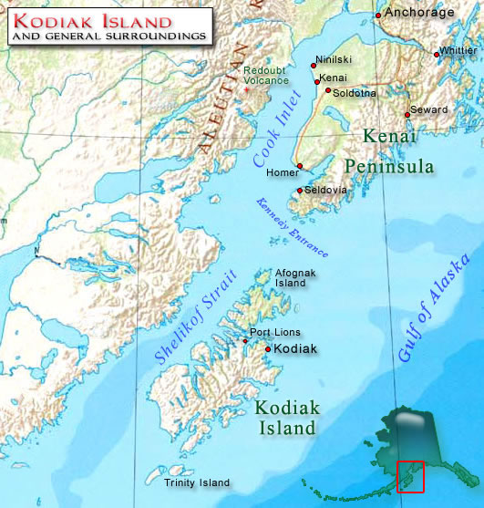 map showing Cook Inlet, Kenai Peninsula and Kodiak Island, Alaska